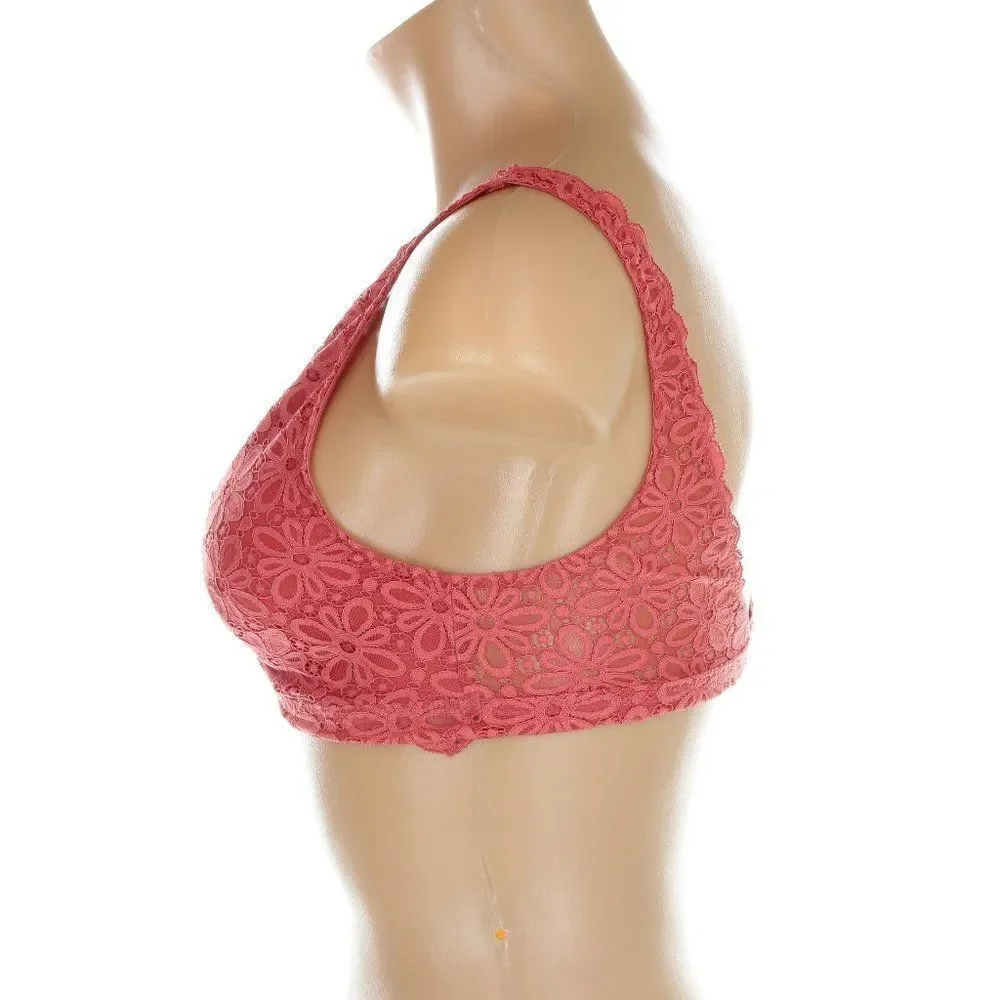 Victoria's Secret Lace-Up Front Floral Lace Bralette in Rose Pink - Size S NWT